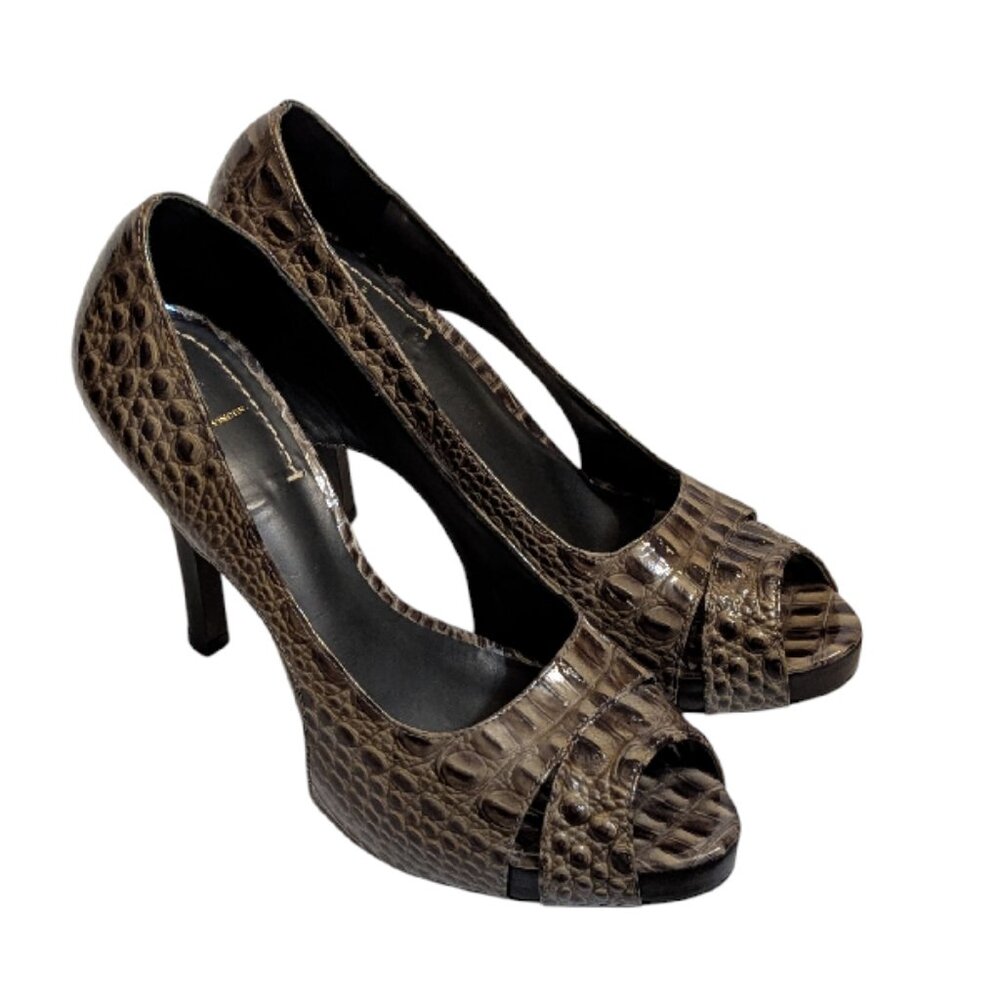 J Vincent Faux Croc All Leather Platform Pump Peep Toe Stiletto Heels Size 9.5